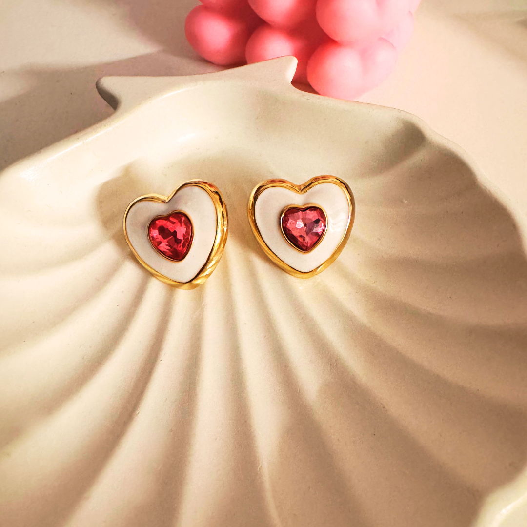 White & Pink Heart Earrings