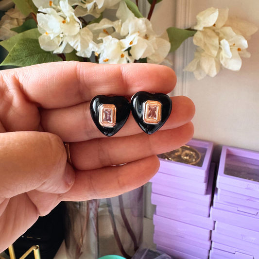 The Black with Pink Center Earrings (Heart)